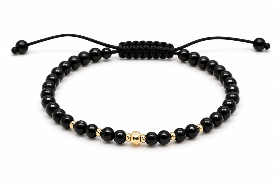 14K Gold Glossy Black Bead Adjustable Bracelet