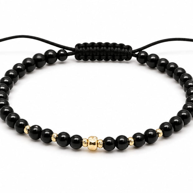 14K Gold Glossy Black Bead Adjustable Bracelet