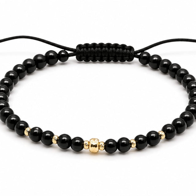 14K Gold Glossy Black Bead Adjustable Bracelet