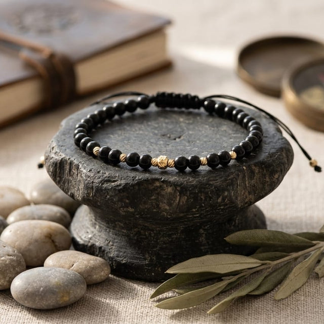 14K Gold Glossy Black Bead Adjustable Bracelet