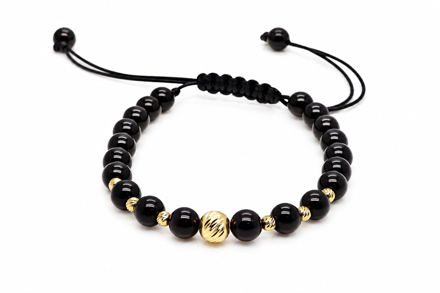 14K Gold Central Bead Black Adjustable Bracelet