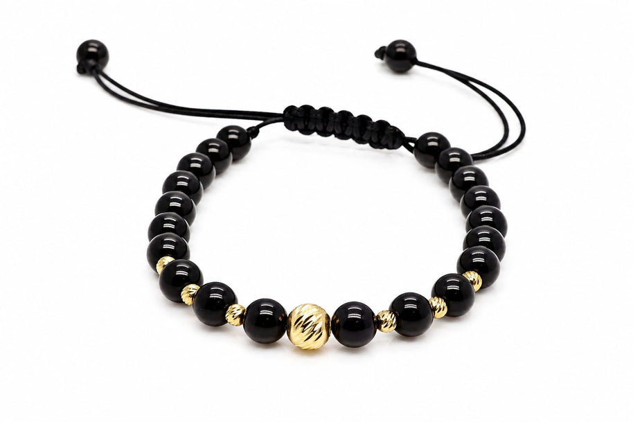 14K Gold Central Bead Black Adjustable Bracelet