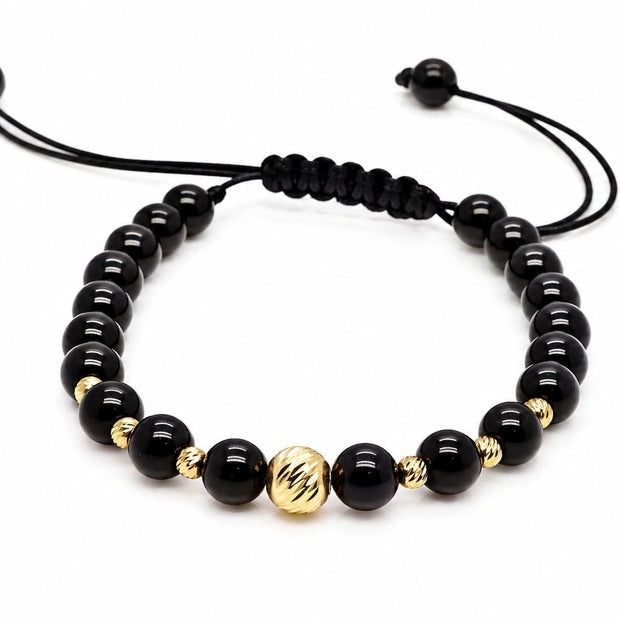 14K Gold Central Bead Black Adjustable Bracelet