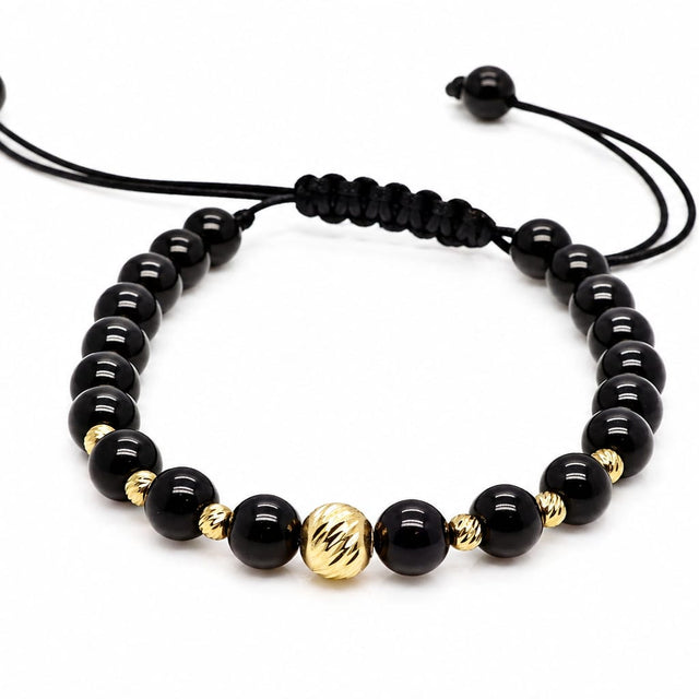 14K Gold Central Bead Black Adjustable Bracelet