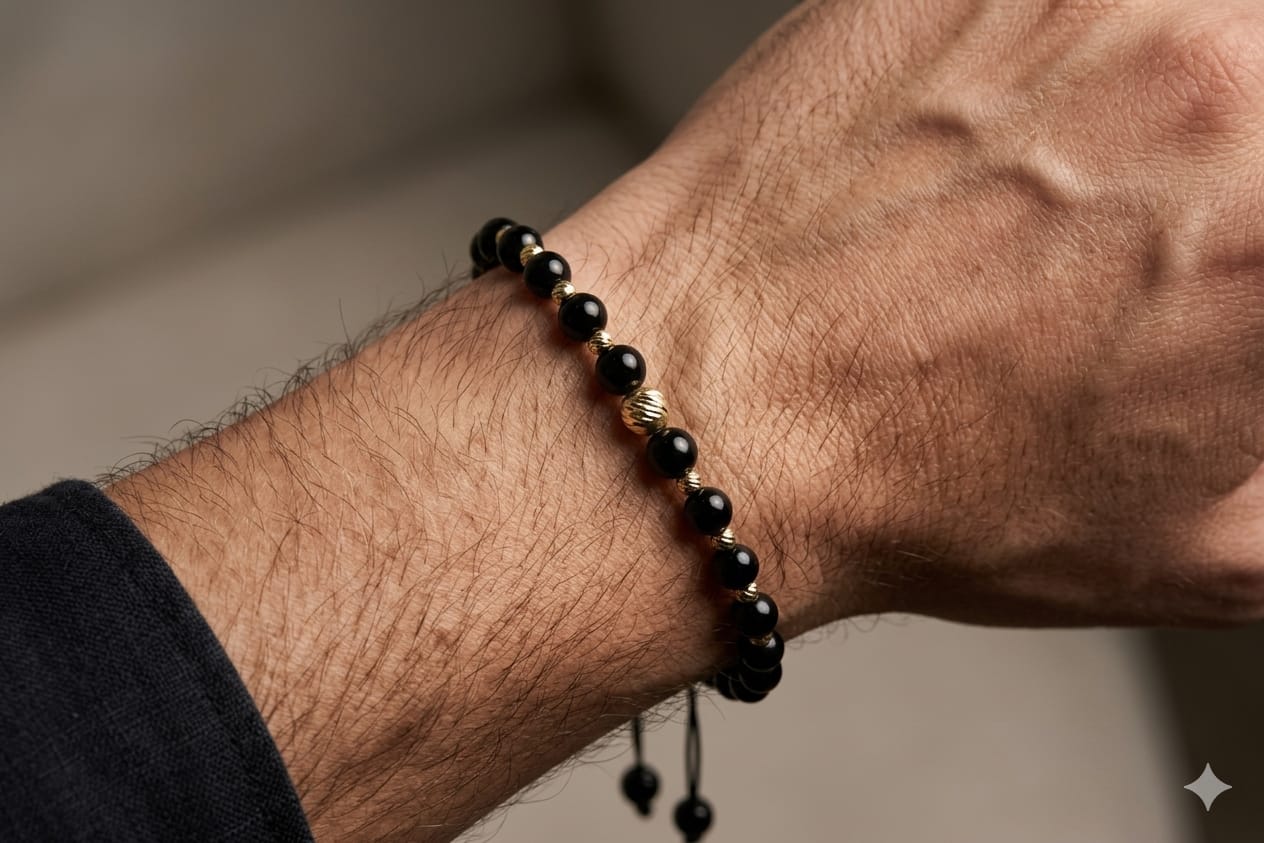 14K Gold Central Bead Black Adjustable Bracelet