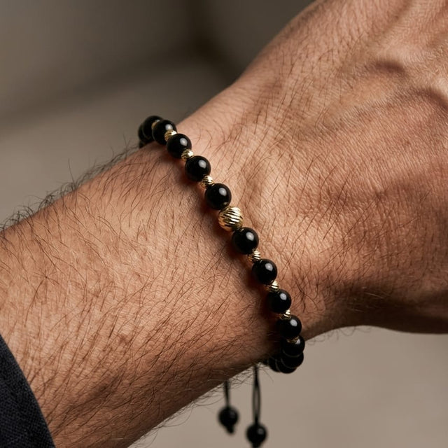 14K Gold Central Bead Black Adjustable Bracelet