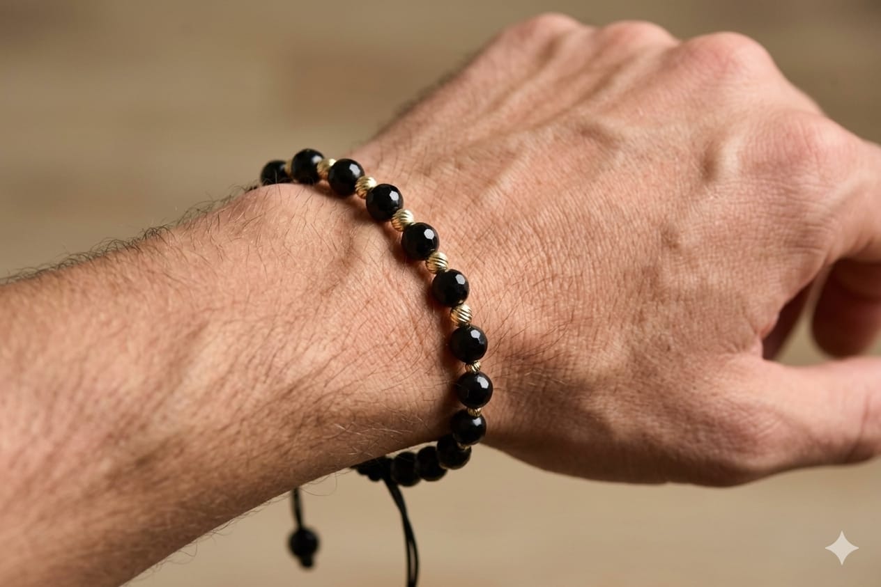 14K Gold Faceted Black Bead Adjustable Bracelet