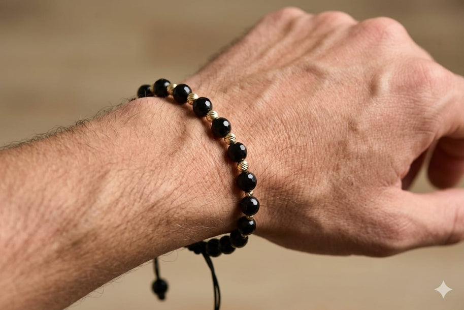 14K Gold Faceted Black Bead Adjustable Bracelet