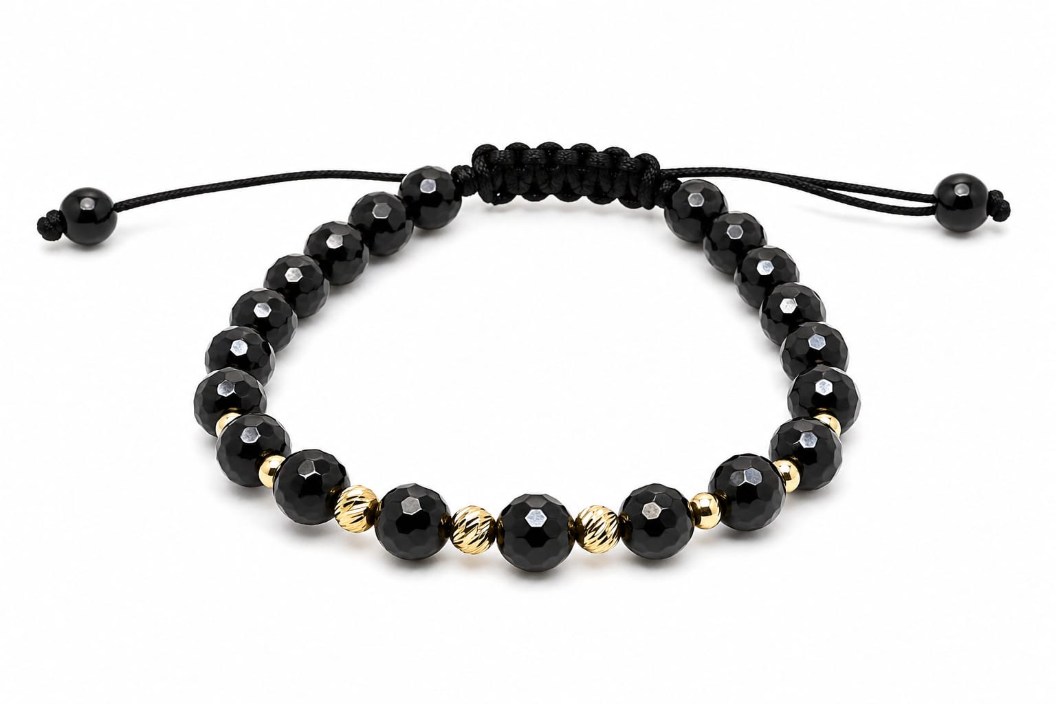 14K Gold Faceted Black Bead Adjustable Bracelet