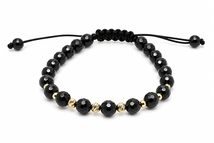 14K Gold Faceted Black Bead Adjustable Bracelet