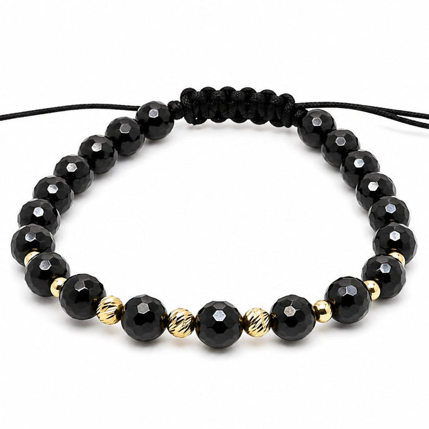 14K Gold Faceted Black Bead Adjustable Bracelet