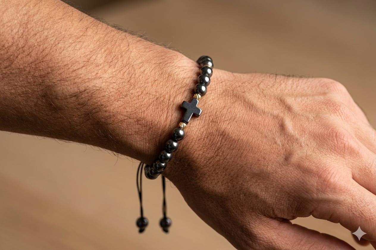 14K Gold & Hematite Cross Adjustable Bracelet