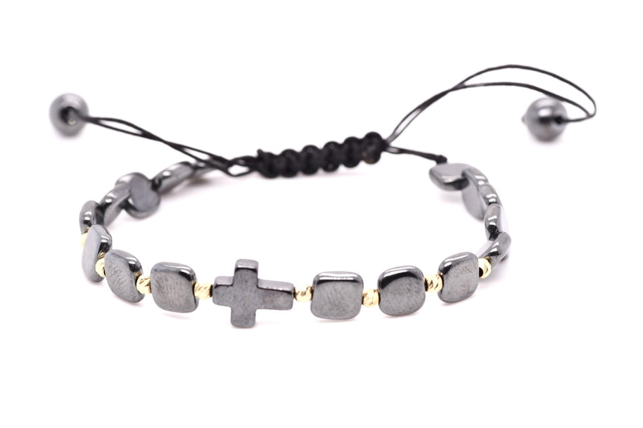 14K Gold &amp; Hematite Cross Adjustable Bracelet