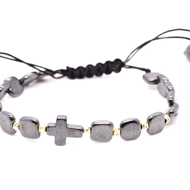 14K Gold &amp; Hematite Cross Adjustable Bracelet