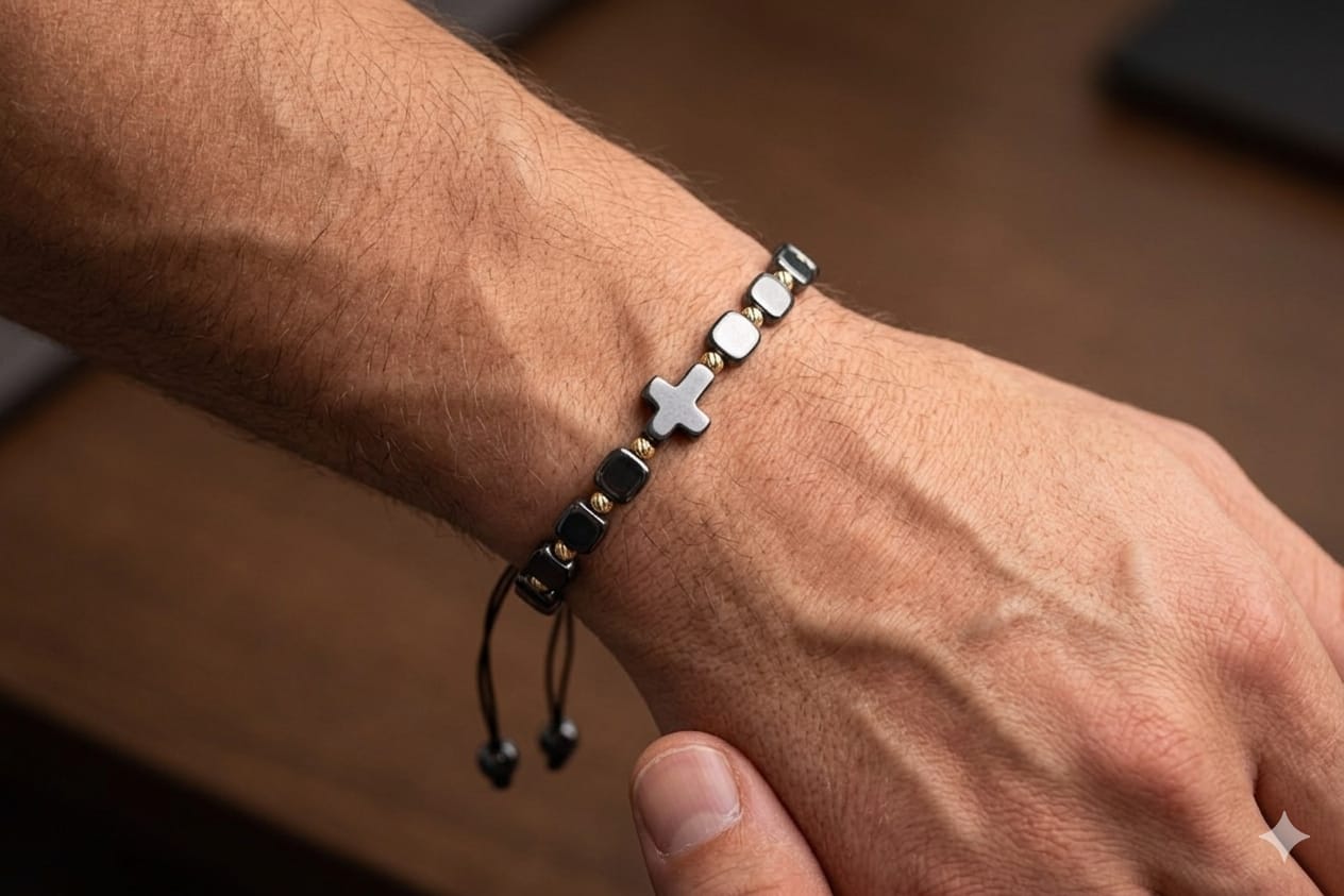 14K Gold & Hematite Cross Adjustable Bracelet