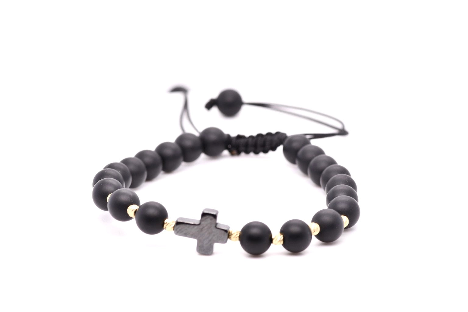 14K Gold & Matte Black Bead Cross Adjustable Bracelet