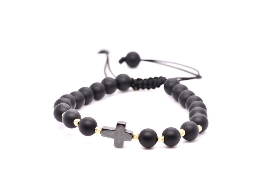 14K Gold &amp; Matte Black Bead Cross Adjustable Bracelet