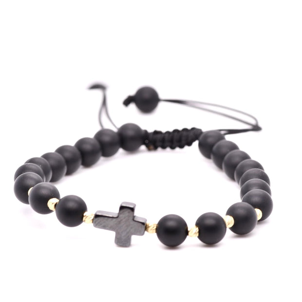 14K Gold &amp; Matte Black Bead Cross Adjustable Bracelet