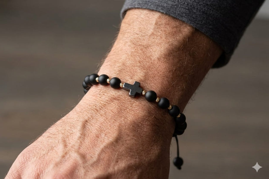 14K Gold & Matte Black Bead Cross Adjustable Bracelet