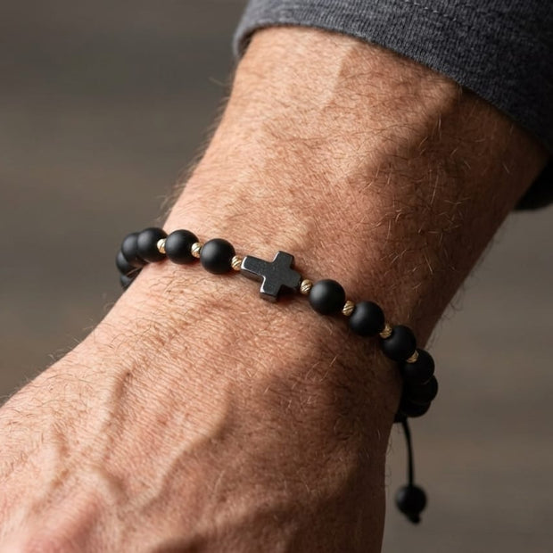 14K Gold &amp; Matte Black Bead Cross Adjustable Bracelet