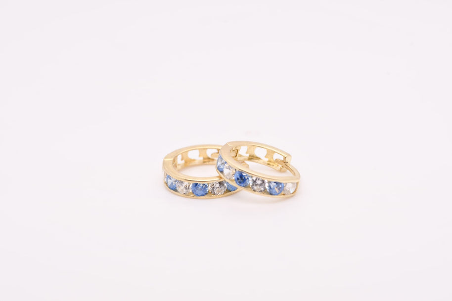 14K Gold Blue &amp; Clear Stone Hoop Earrings for Girls – 1.2 cm