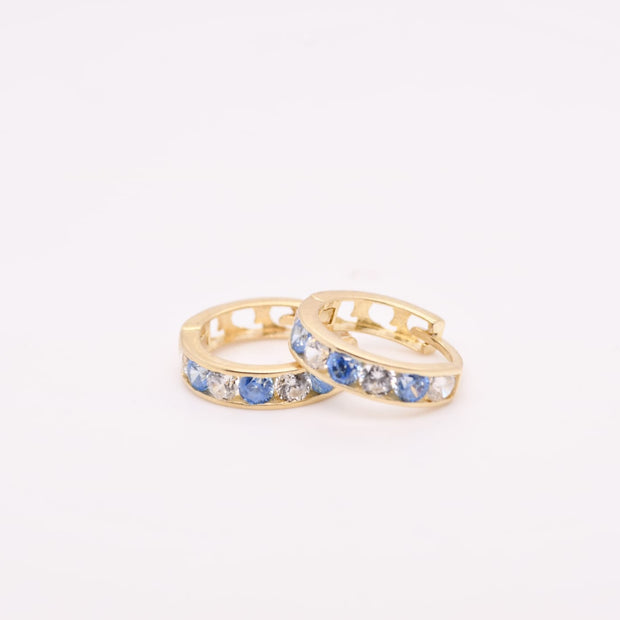 14K Gold Blue &amp; Clear Stone Hoop Earrings for Girls – 1.2 cm