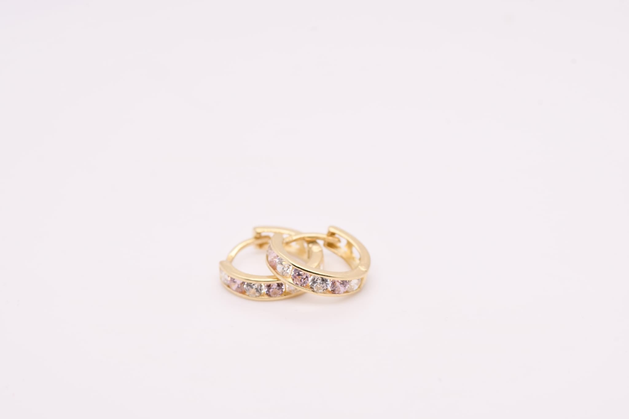 14K Gold White & Pink Stone Hoop Earrings for Girls – 1.2 cm