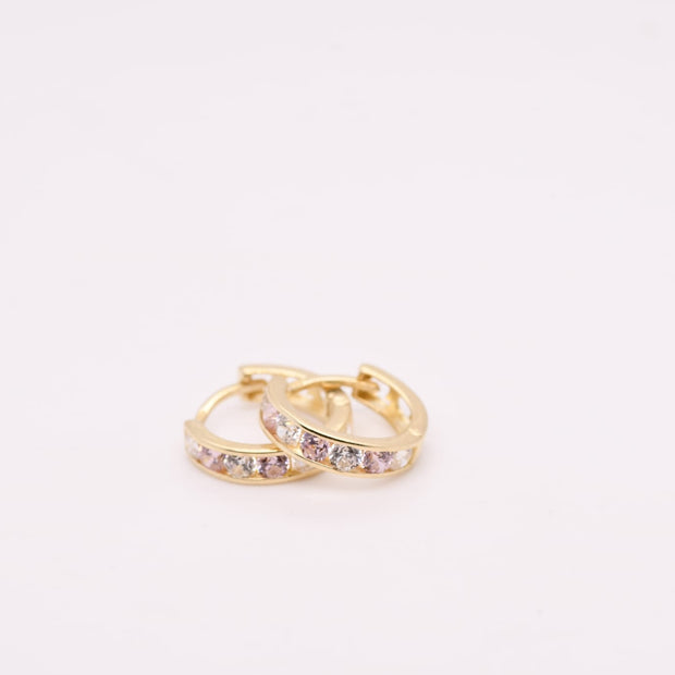 14K Gold White &amp; Pink Stone Hoop Earrings for Girls – 1.2 cm