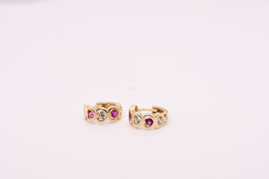 14K Gold Heart Pink &amp; White Stone Hoop Earrings for Girls – 1 cm