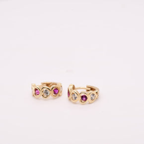 14K Gold Heart Pink & White Stone Hoop Earrings for Girls – 1 cm