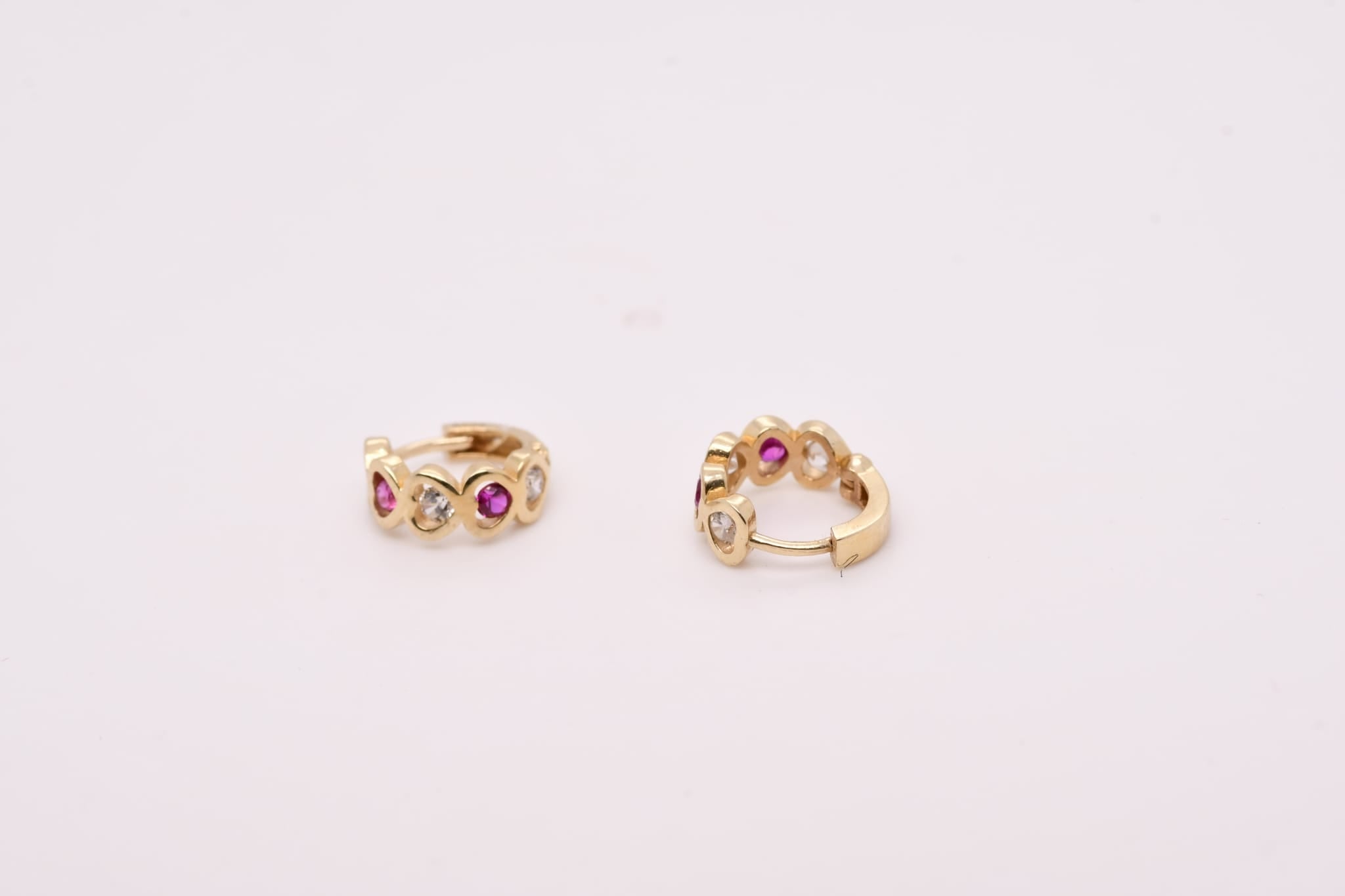 14K Gold Heart Pink & White Stone Hoop Earrings for Girls – 1 cm