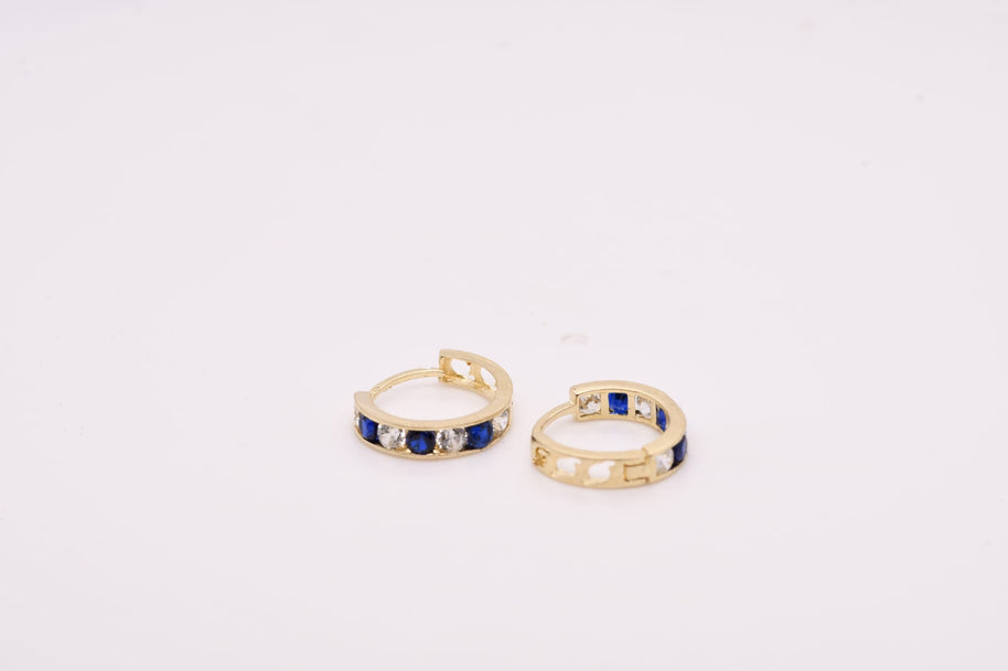 14K Gold Blue &amp; White Stone Hoop Earrings for Girls – 1.2 cm