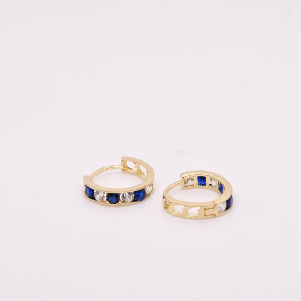 14K Gold Blue &amp; White Stone Hoop Earrings for Girls – 1.2 cm