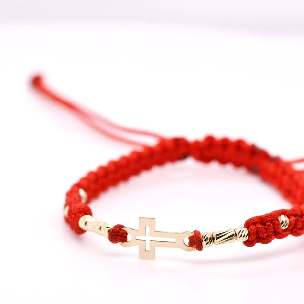 14K Gold Cross Adjustable Red Cord Bracelet