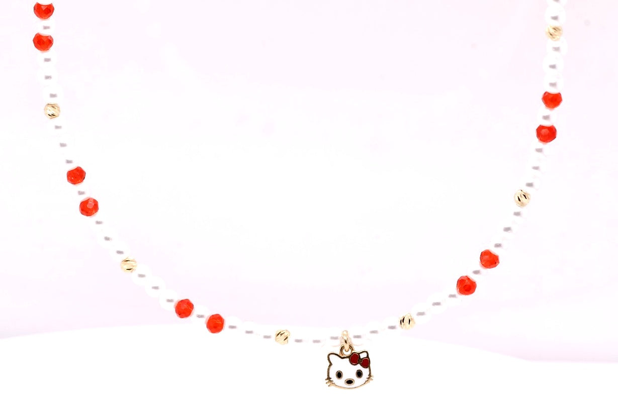 14K Gold Hello Kitty Beaded Necklace for Girls