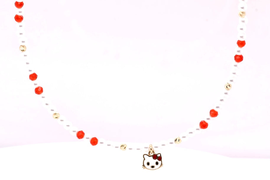 14K Gold Hello Kitty Beaded Necklace for Girls