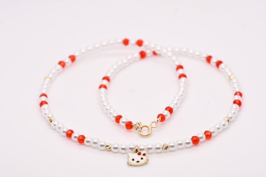 14K Gold Hello Kitty Beaded Necklace for Girls