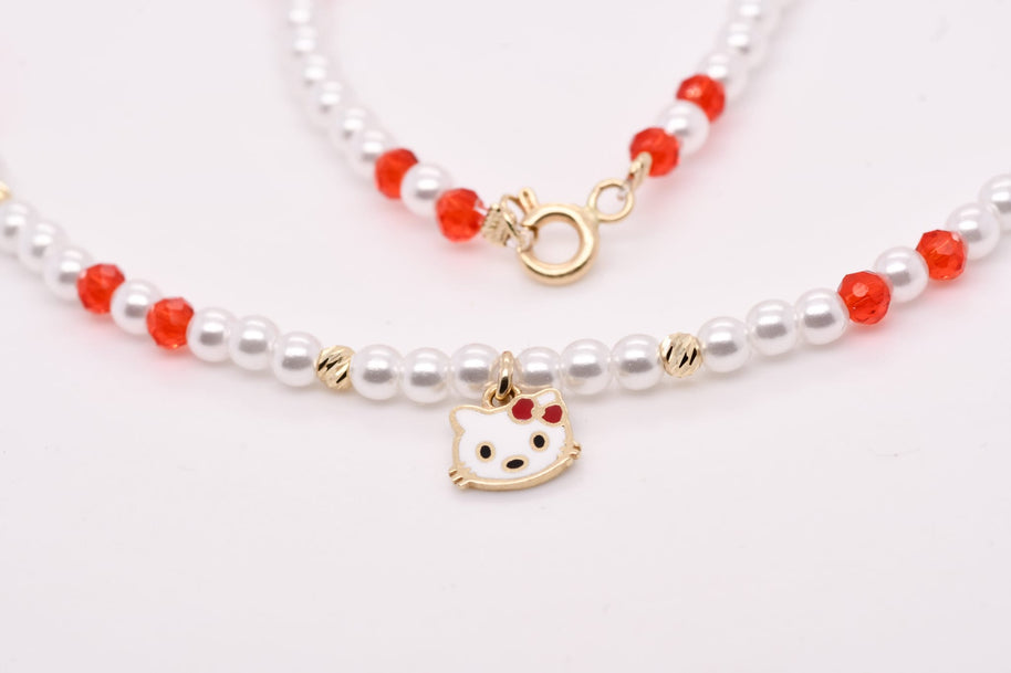 14K Gold Hello Kitty Beaded Necklace for Girls