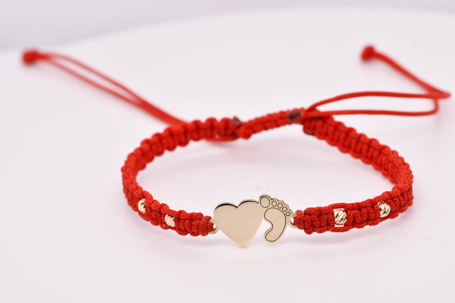14K Gold Heart &amp; Baby Foot Red String Bracelet – Adjustable