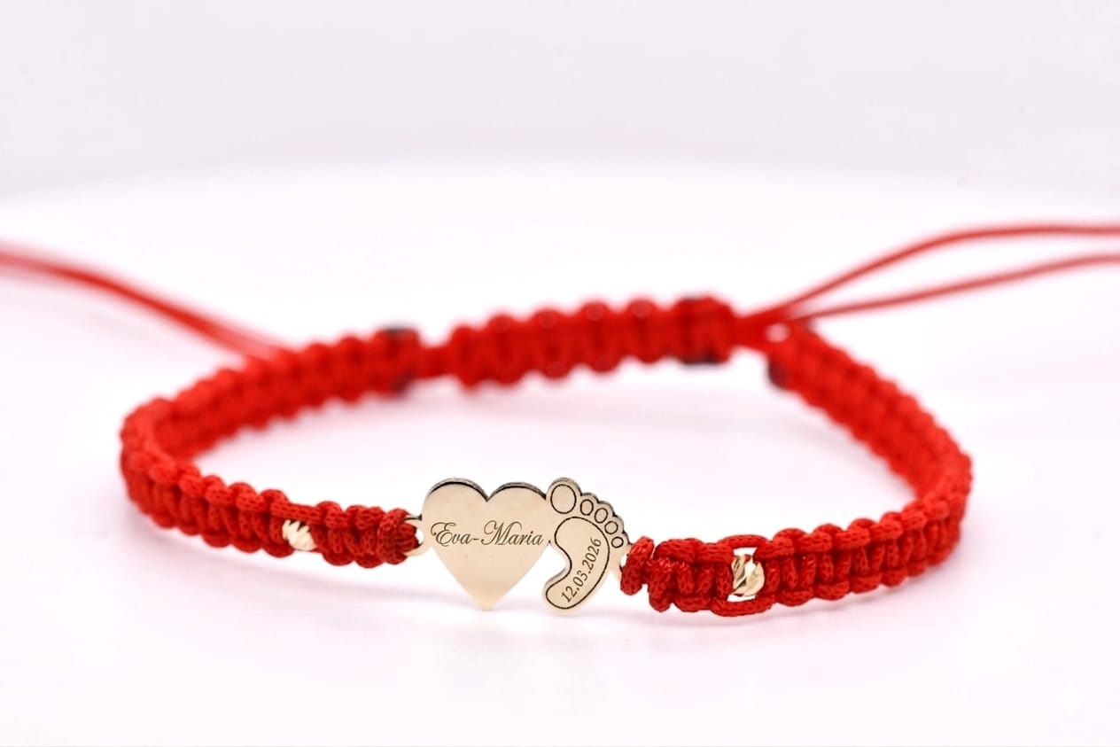 14K Gold Heart & Baby Foot Red String Bracelet – Adjustable