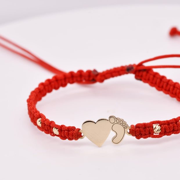 14K Gold Heart &amp; Baby Foot Red String Bracelet – Adjustable