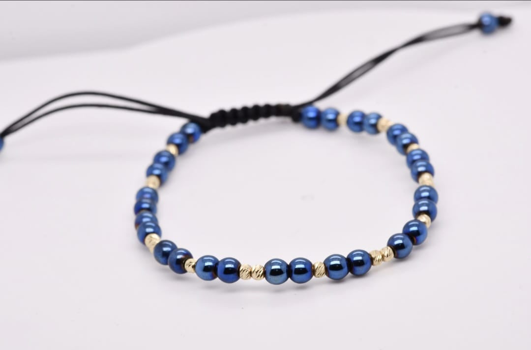 14K Gold Blue Hematite Beaded Bracelet – Adjustable