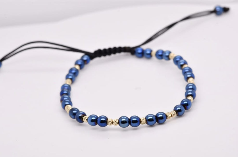 14K Gold Blue Hematite Beaded Bracelet – Adjustable