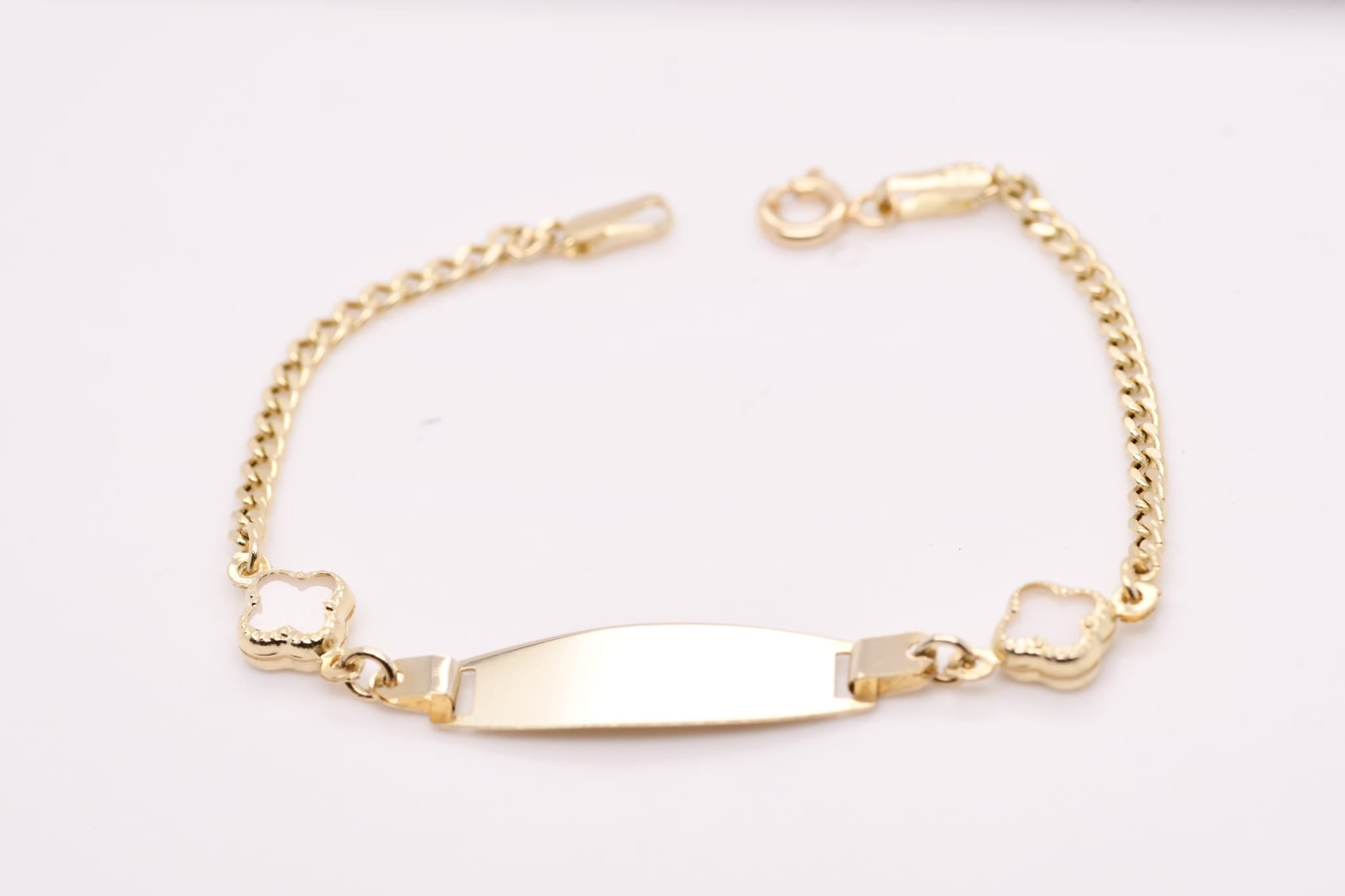 14K Gold Children’s ID Bracelet with Clover Details – 14cm