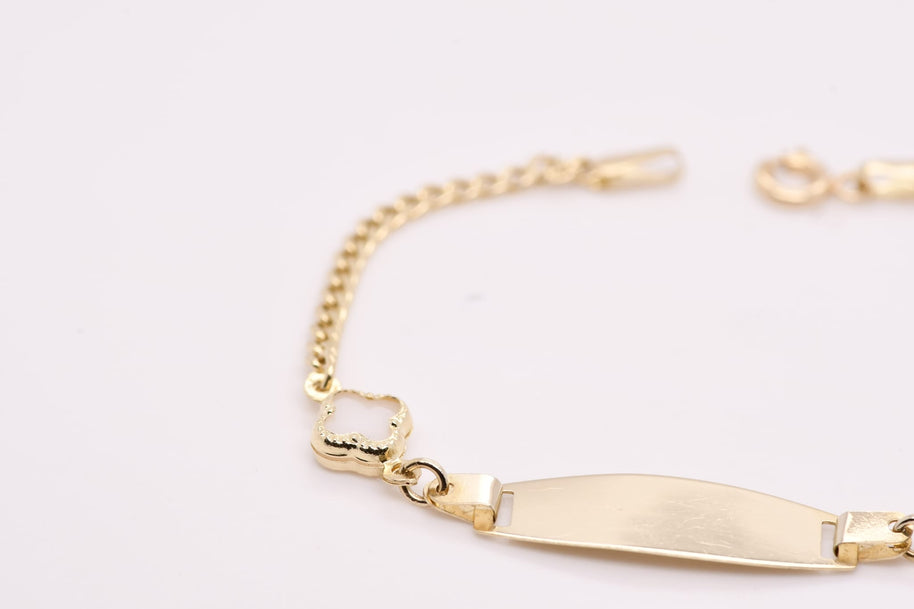 14K Gold Children’s ID Bracelet with Clover Details – 14cm