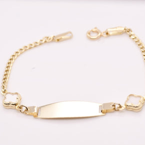 14K Gold Children’s ID Bracelet with Clover Details – 14cm