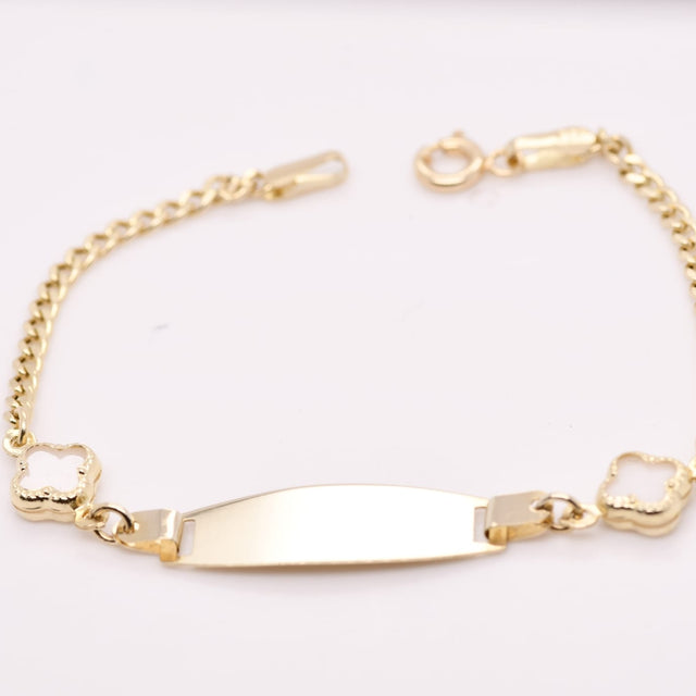 14K Gold Children’s ID Bracelet with Clover Details – 14cm