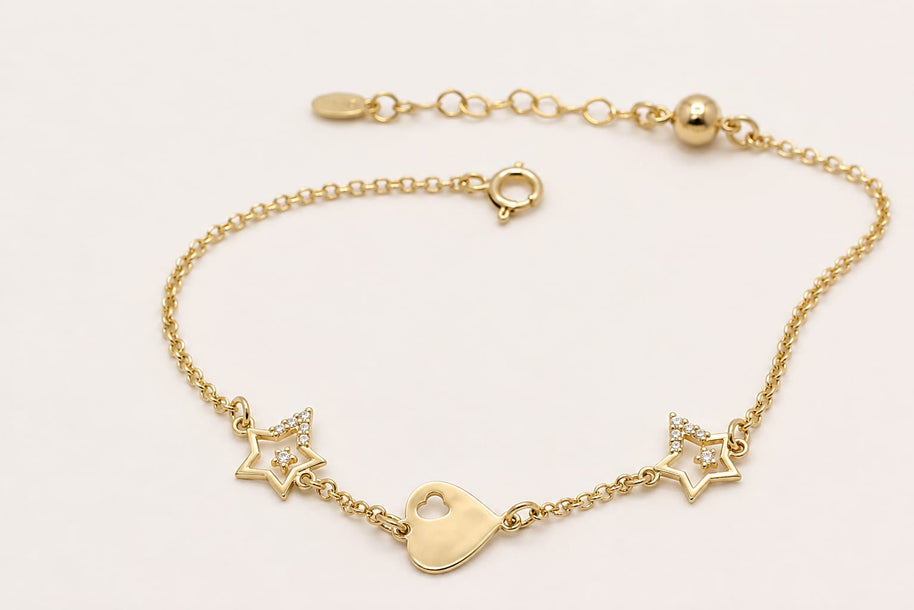 14K Gold Heart &amp; Stars Bracelet
