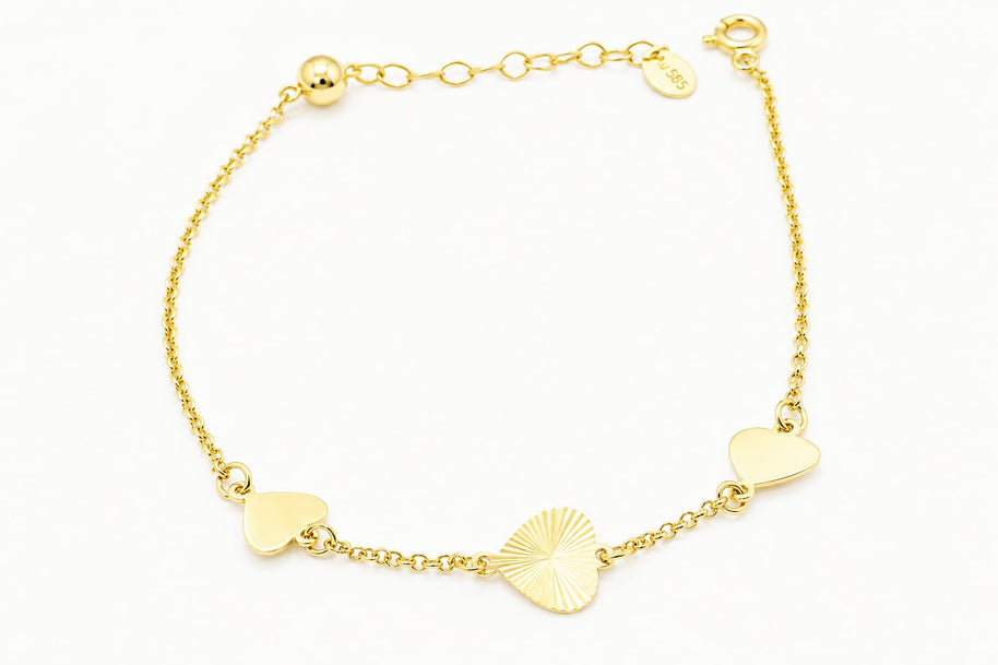 14K Gold Triple Heart Bracelet