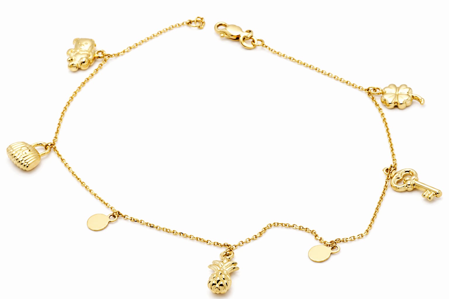 14K Solid Gold Charm Anklet | Multi-Charm Gold Ankle Bracelet UK